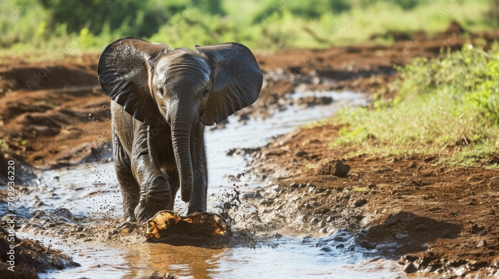Poster an elephant is standing in the mud and drinking water from a small puddle in the middle of a muddy f