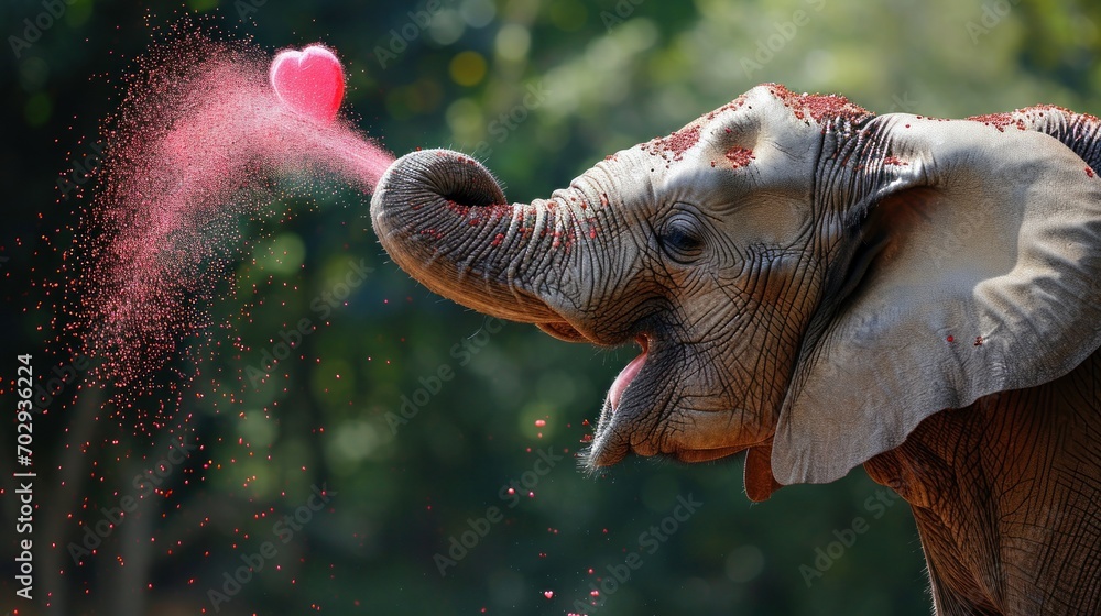 Poster a close up of an elephant spraying a red substance on it's face with trees in the back ground.