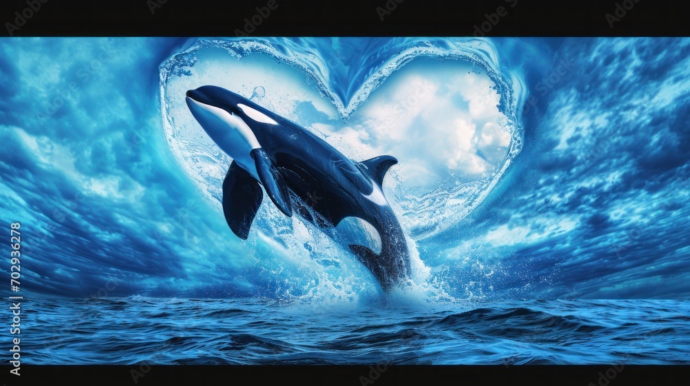 Poster an orca jumping out of the water in front of a heart - shaped frame with the ocean in the background