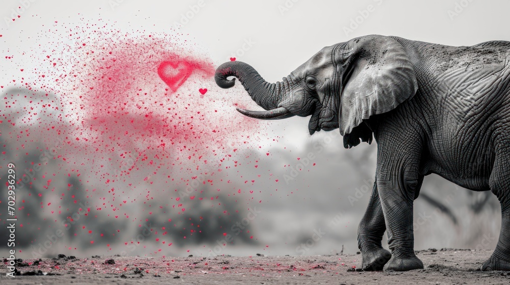 Aufkleber an elephant with its trunk in the air with a heart in it's trunk and it's trunk in the air.
