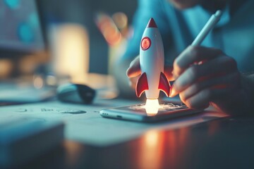 Rocket taking off from cell phone, businessman holding pen, business and startup concept. Generative AI