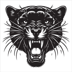 Tiger head black and white illustration , Roaring Tiger head vector artwork