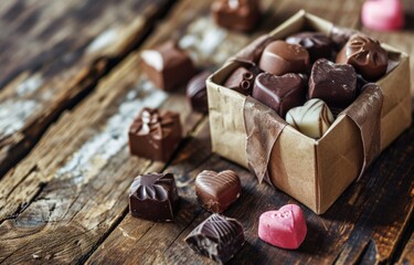 Small box with chocolate hearts and sweets on wooden table, Valentine's Day concept. Generative AI