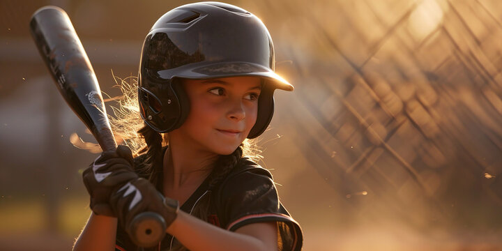 Little girl playing baseball, ready to bat