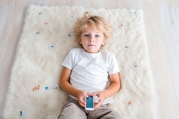 Fototapeta premium Flat lay photo of little boy lying on the floor