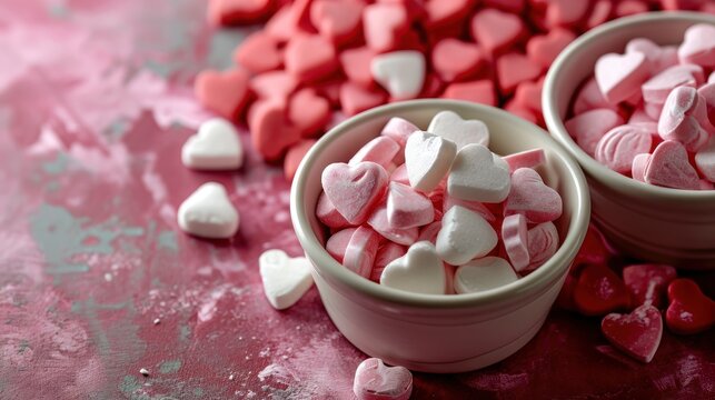  two bowls filled with pink and white heart shaped marshmallows next to each other on a pink surface.