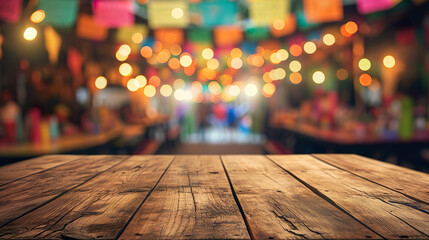 Empty wooden table with Mexican party background, bokeh lights, space for product - obrazy, fototapety, plakaty
