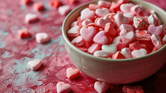  a bowl filled with pink and white heart shaped marshmallows on top of a pink and white table cloth.