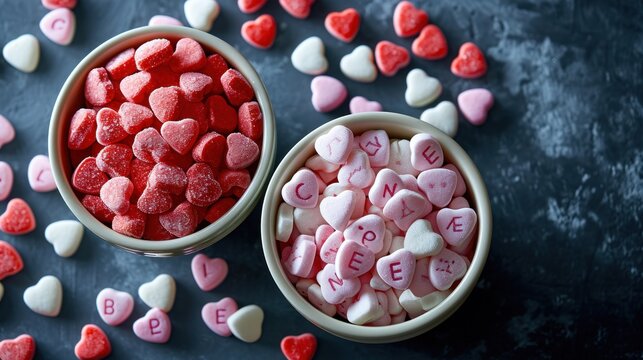  two bowls filled with candy hearts next to a bowl filled with valentine's day candies on a table.