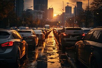 Background, blur, out of focus, bokeh. Traffic jams during rush hours after work. Red brake lights of stopped cars on the background of the city neighborhood.