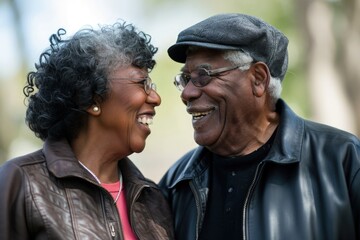 Black elderly couple in love in a park, Valentine's day, bokeh background. Generative AI