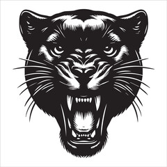 Tiger head black and white illustration , Roaring Tiger head vector silhouette