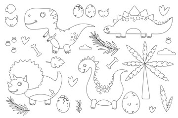 A set of linear sketches, coloring pages of dinosaurs and palms. Vector graphics.