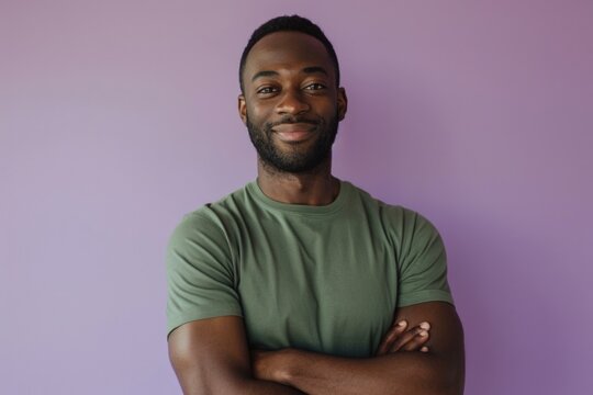 Black man smiling in green t-shirt, purple background, digital illustration, Black History Month. Generative AI