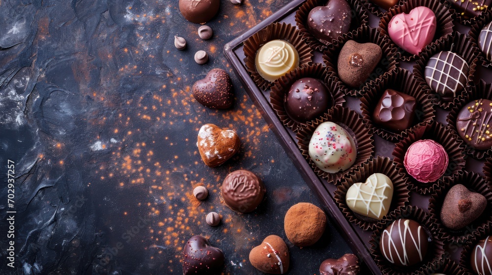 Poster a box of assorted chocolates sitting on top of a table next to a knife and a bowl of nuts.