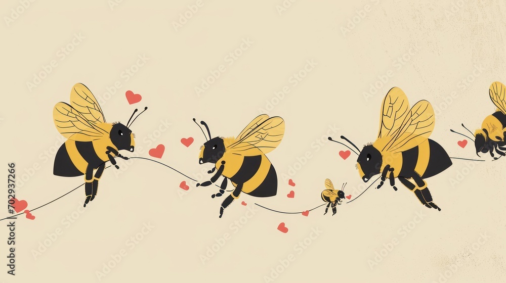 Aufkleber a couple of bees flying next to each other on top of a red heart shaped string on a beige background
