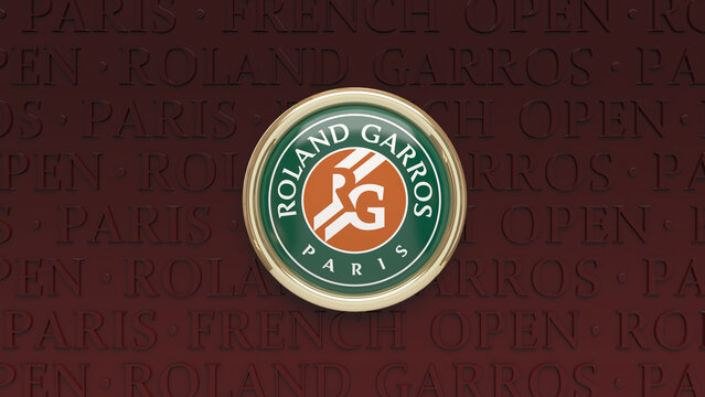 3D rendering of a badge with the logo of Roland Garros Grand Slam Tennis Tournament on dark red background.
