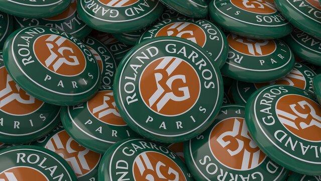 3d rendering of a lot of badges with the logo of Roland Garros Grand Slam Tennis Tournament