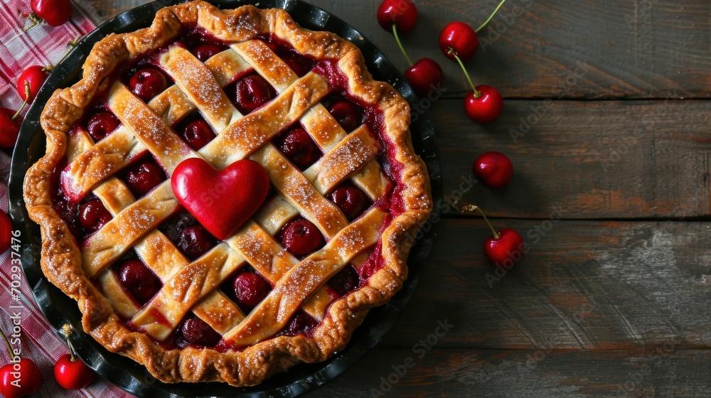 Poster a cherry pie with a heart shaped pie crust on top of a checkered table cloth with cherries around it