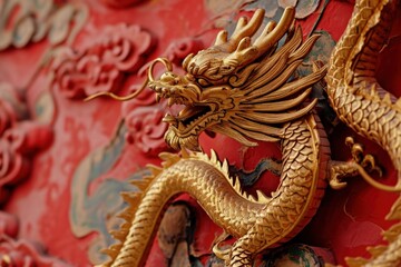 Fototapeta premium Golden Chinese dragon on red background, Chinese New Year 2024. Generative AI