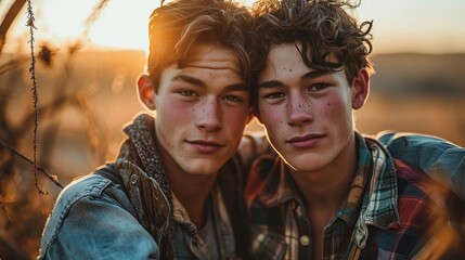Photographic portrait of young men, 21 and 22, in an affectionate embrace, showing the warmth and closeness of their relationship