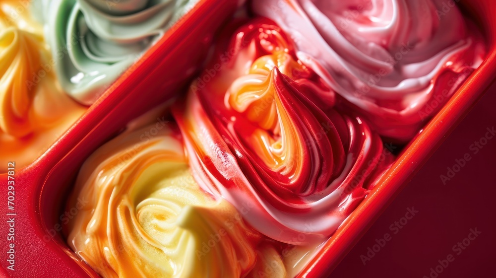 Poster a close up of a red container filled with different colors of icing and icing on top of each other.