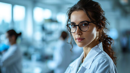 Bellissima scienziata che indossa camice bianco e occhiali nel moderno laboratorio di scienze mediche, pareti bianche, con un team di specialisti sfocati sullo sfondo, diverse etnie, spazio per testo