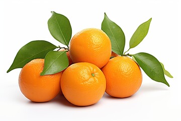 Fresh mandarins with green leaves isolated white background