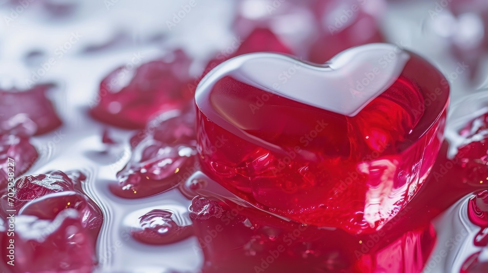 Poster  a red heart shaped object sitting on top of a liquid filled surface with drops of water on the bottom of it.