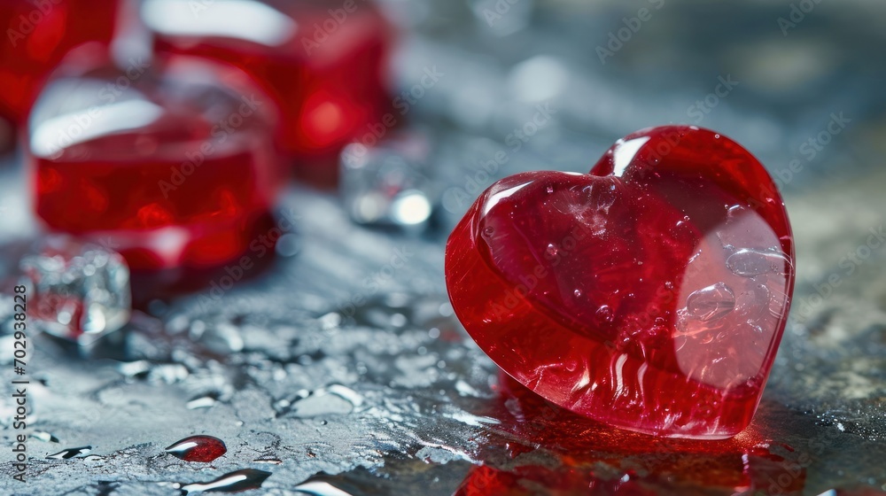 Poster a close up of a red heart shaped object on a surface with drops of water and drops of water around i