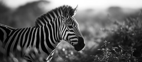 Zebra seen sideways in black and white.