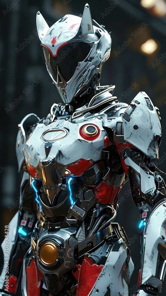 Poster a close up of a robot in a suit with a helmet on and a light saber in his hand and a building in the