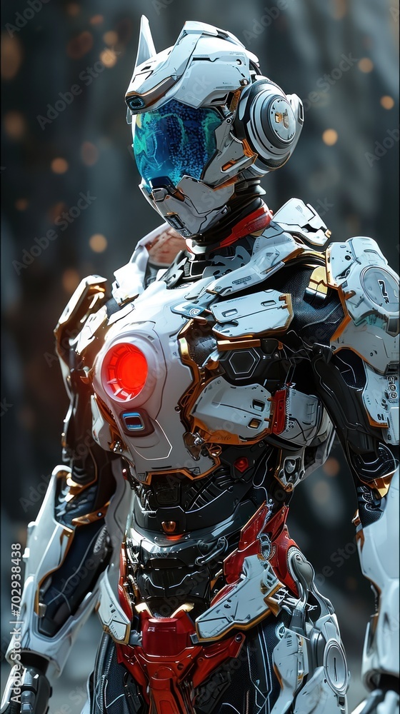 Poster a close up of a robot with a red light on it's face and a helmet on it's head.