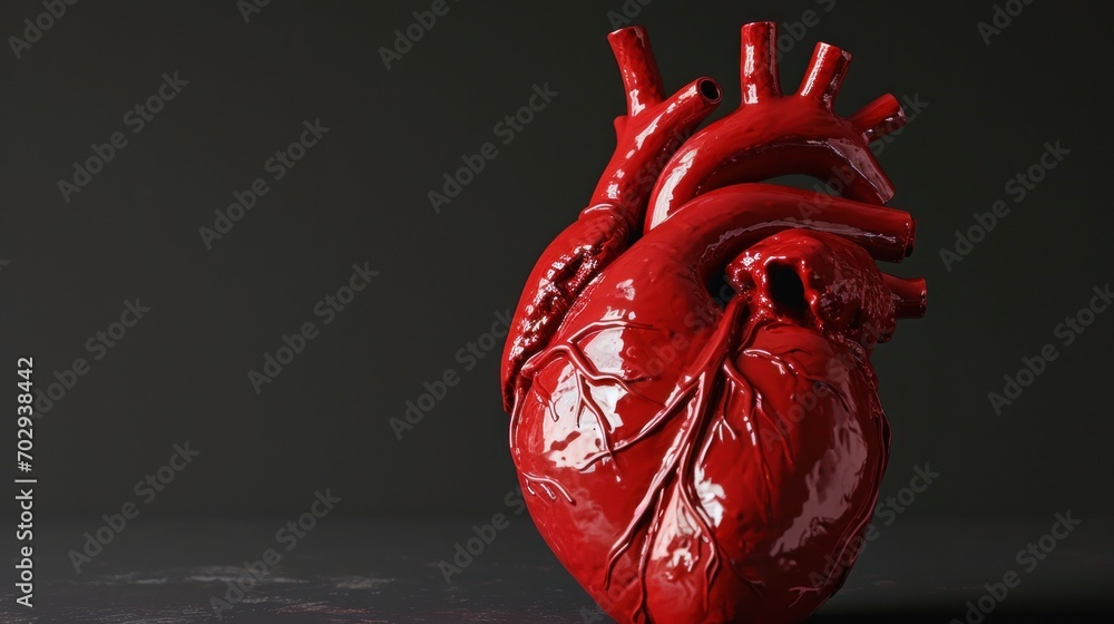 Poster a red model of a human heart on a black background with room for text or a logo on the bottom of the