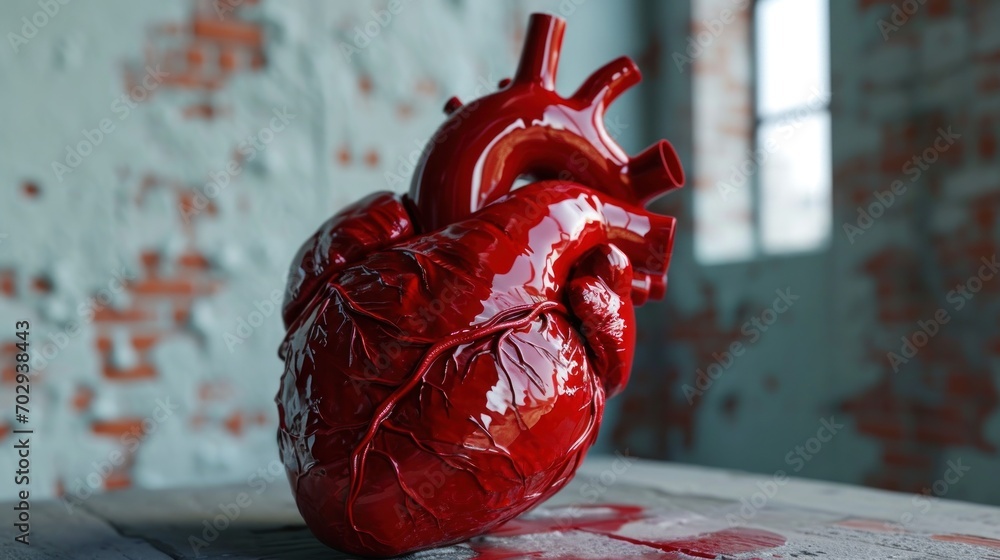 Poster a red heart statue sitting on top of a table next to a brick wall with a window in the background.