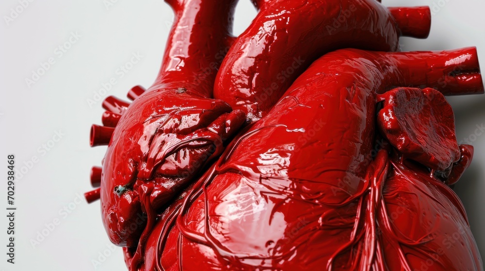 Poster a close up of a red human heart on a white background with room for text on the left side of the ima