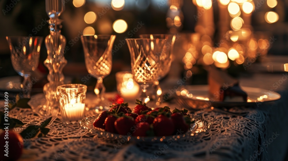 Poster a close up of a plate of strawberries on a table with glasses and candles in the background and ligh