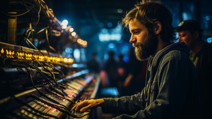 Backstage adjustments to audio equipment by a sound engineer prior to a concert.