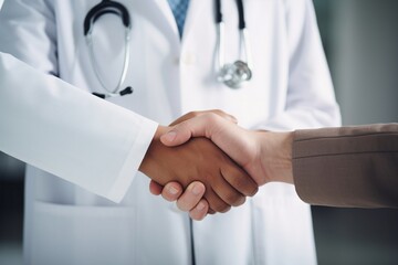 Doctor and patient shaking hands, close-up. Medicine and healthcare concept