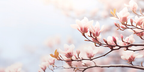 Banner with beautiful blooming Magnolia tree with pink flowers