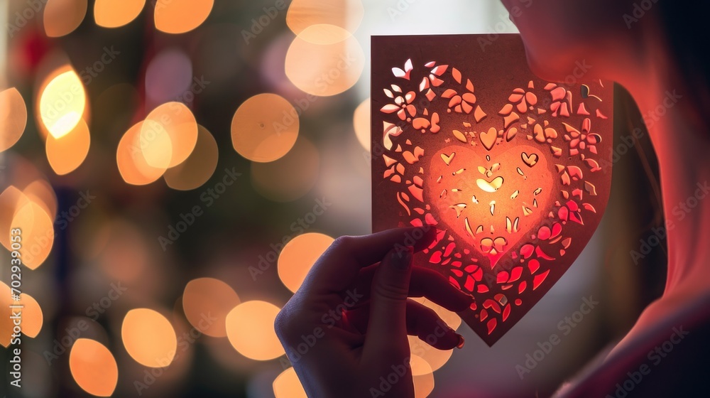 Canvas Prints  a close up of a person holding a card with a heart cut out of it in front of a christmas tree.