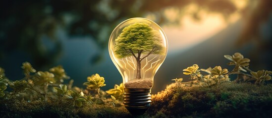 a light bulb with a tree growing out of it, in the style of nature-inspired imagery, light yellow and dark emerald, iso 200, technological marvels, talbot hughes, use of common materials.