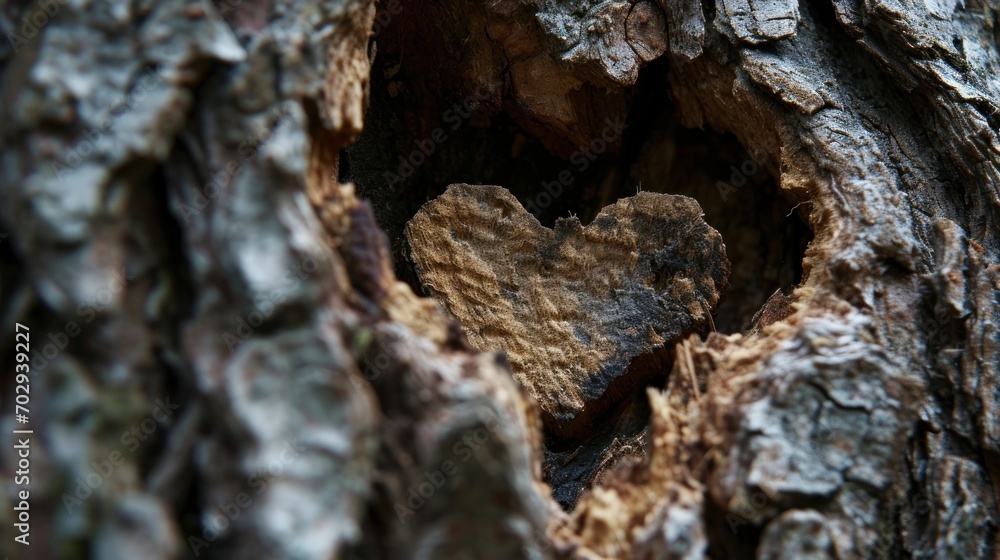 Poster a close up of a tree trunk with a heart shaped hole in the middle of the bark of the tree.