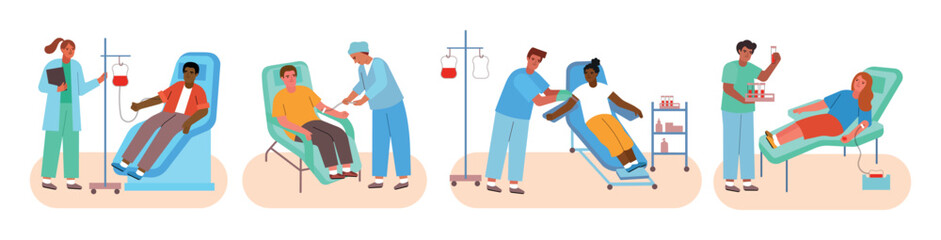 People in donor chairs donate blood. Nurses put ivs and take test tubes, hospital characters, cartoon doctors and patients, vector set.eps