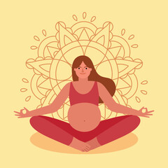 Obraz na płótnie Canvas Pregnant woman in lotus position. Meditation on mandala backdrop, motherhood preparing, zen search, yoga class process, vector illustration.eps