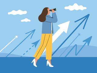 See future concept. Girl looks through telescope, arrows direction, opportunities exploring, woman studies perspective, vector illustration.eps