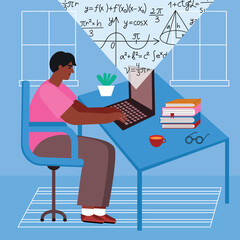 Guy on distance learning. Online education process, student uses laptop, modern web courses, classes, teenager in room, vector illustration.eps