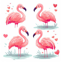 Set of flamingos on a white background