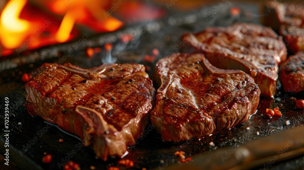 Poster a close up of some steaks on a grill with a fire in the backgroung behind it.