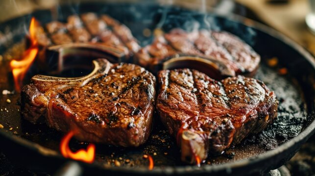  two steaks sizzling in a cast iron skillet on a stove, with the flames licking up around them The background is slightly blurred, giving the focus to the steaks